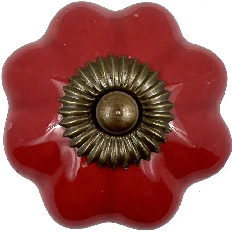 Set of Six Red Flower Shape Ceramic Drawer Pull Knobs