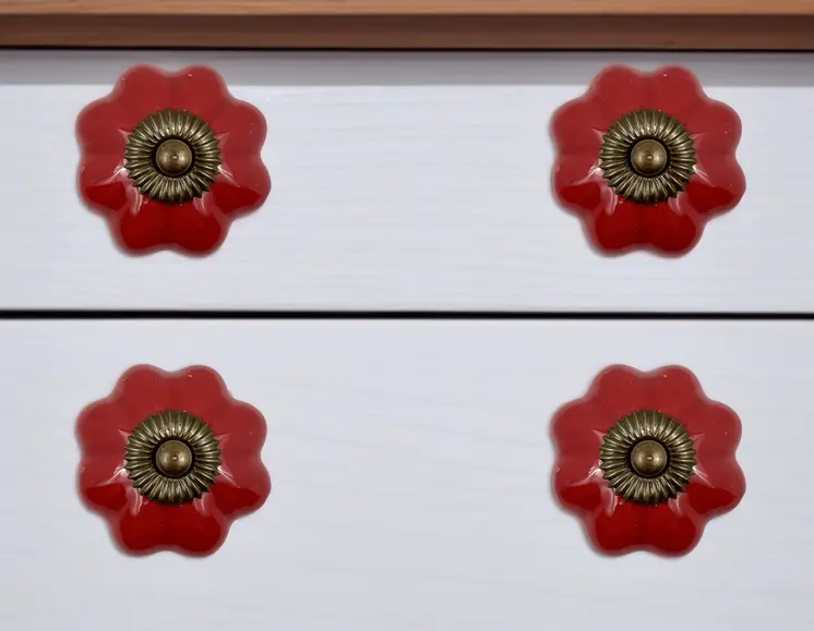 Set of Six Red Flower Shape Ceramic Drawer Pull Knobs