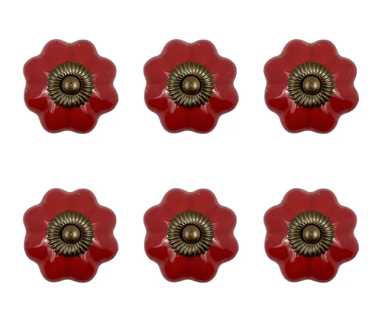 Set of Six Red Flower Shape Ceramic Drawer Pull Knobs