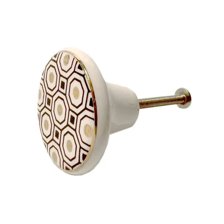 Set of Six White Silver And Gold Geometric Ceramic Drawer Pull Knobs