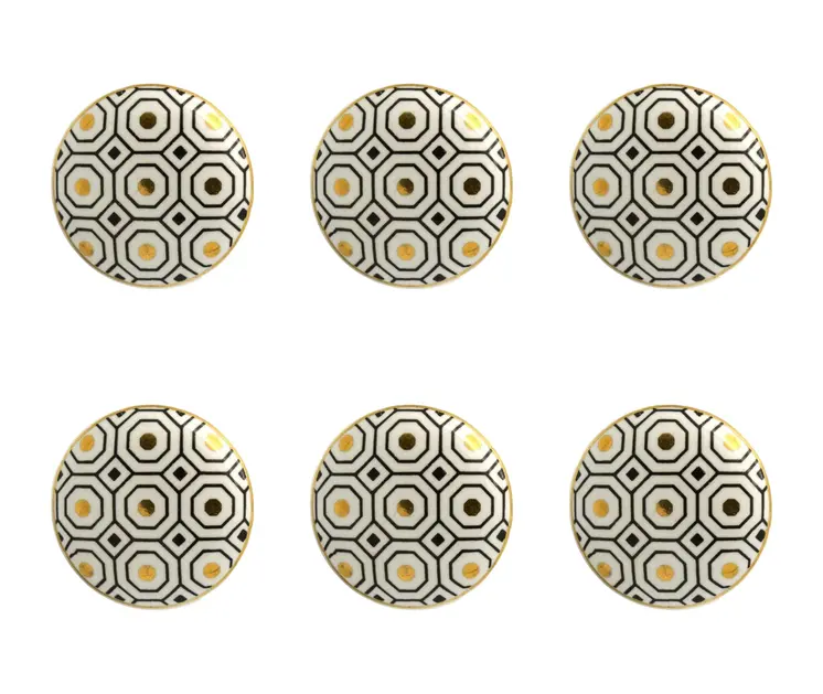 Set of Six White Silver And Gold Geometric Ceramic Drawer Pull Knobs