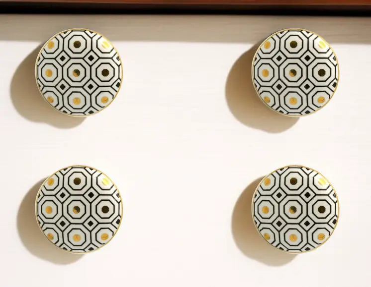Set of Six White Silver And Gold Geometric Ceramic Drawer Pull Knobs