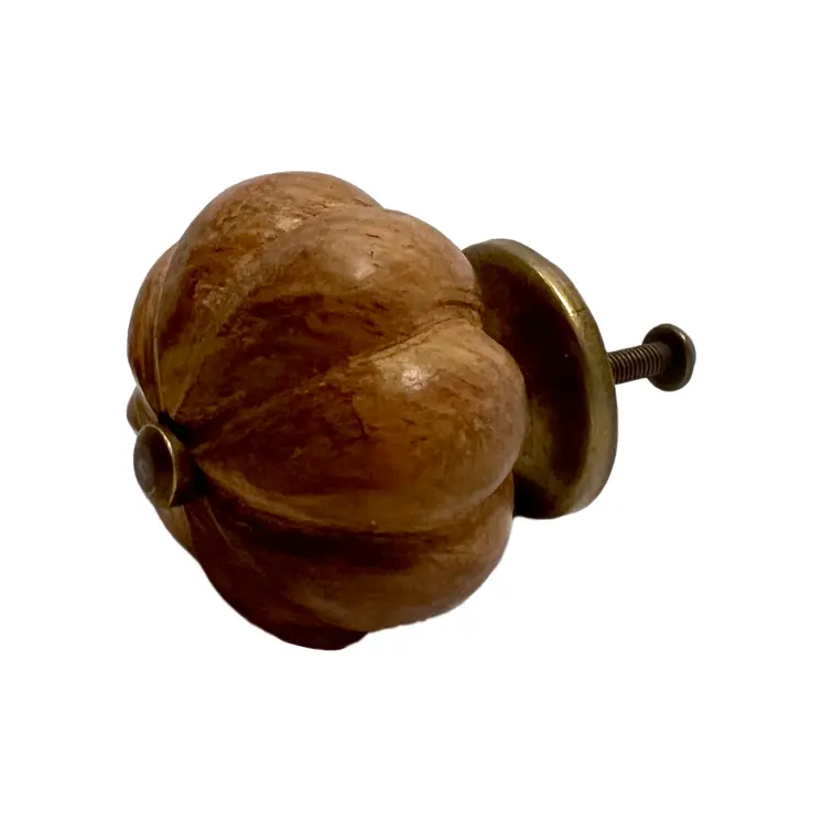 Set of Six Brown Wood Flower Shaped Drawer Pull Knobs