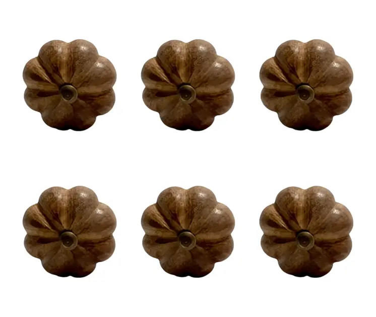 Set of Six Brown Wood Flower Shaped Drawer Pull Knobs