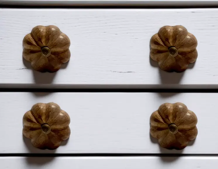 Set of Six Brown Wood Flower Shaped Drawer Pull Knobs