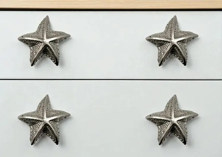 Set of Six Silver Iron Starfish Drawer Pull Knobs