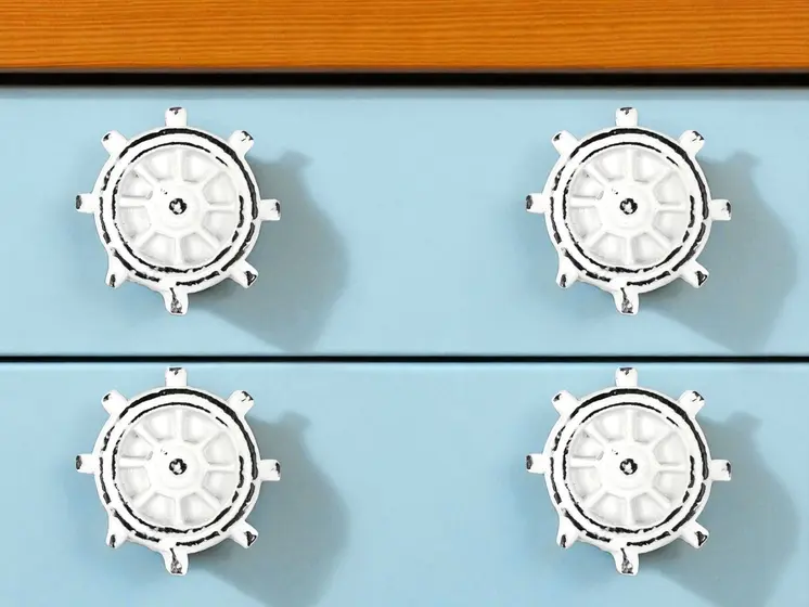 Set of Six Rustic White Iron Captains Wheel Drawer Pull Knobs