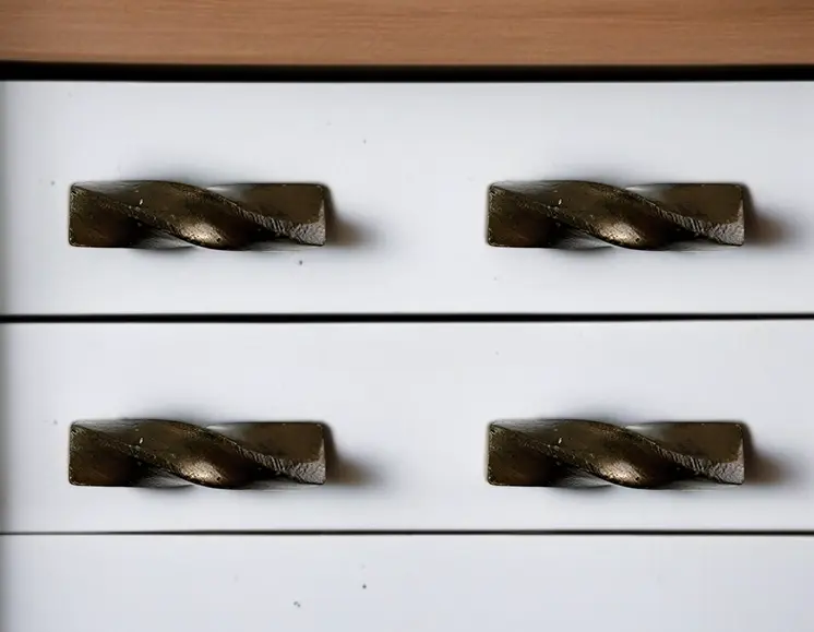 Set of Six Distressed Bronze Twisted Geometric Metal Drawer Pull Knobs