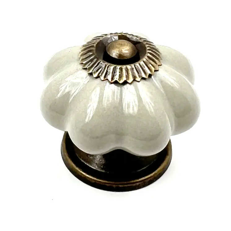 Set of Six Gray Ceramic Floral Shape Drawer Pull Knobs