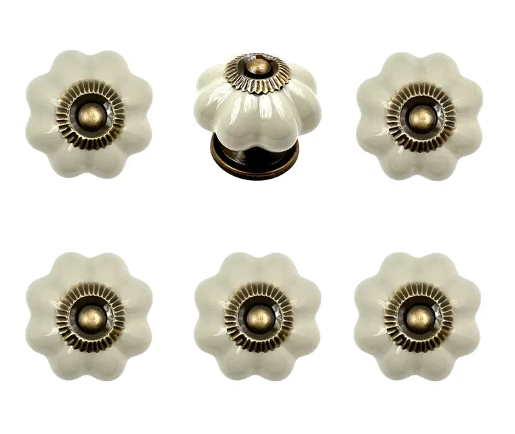 Set of Six Gray Ceramic Floral Shape Drawer Pull Knobs