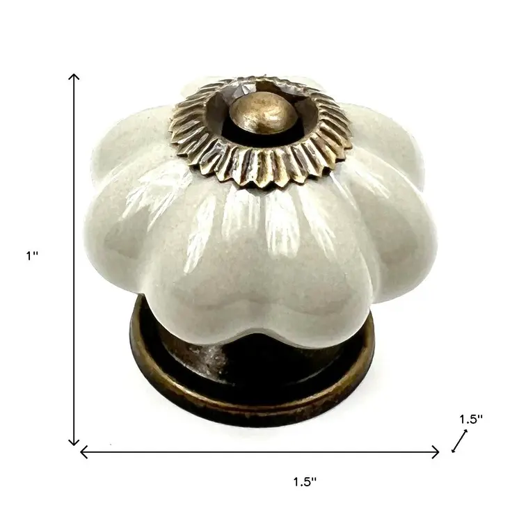 Set of Six Gray Ceramic Floral Shape Drawer Pull Knobs