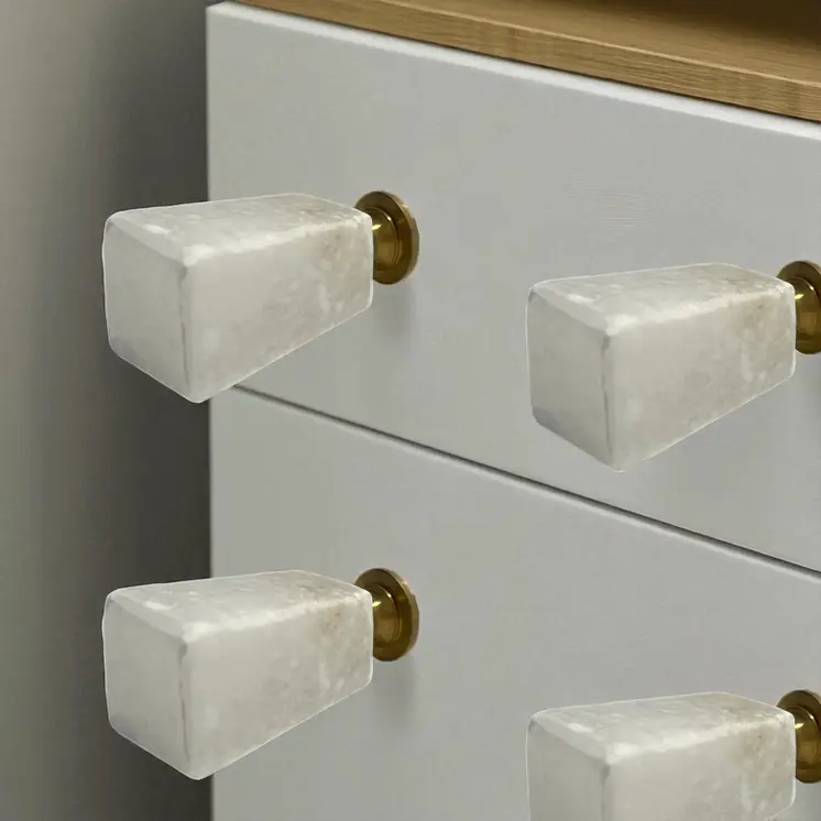 Set of Six White Stone Square Cylindrical Drawer Pull Knobs