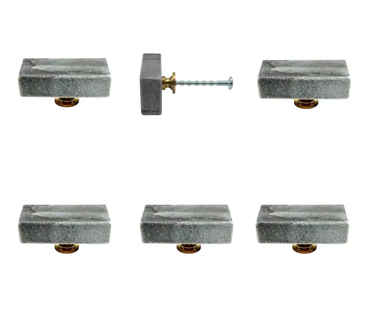 Set of Six Gray Stone Rectangular Drawer Pull Knobs