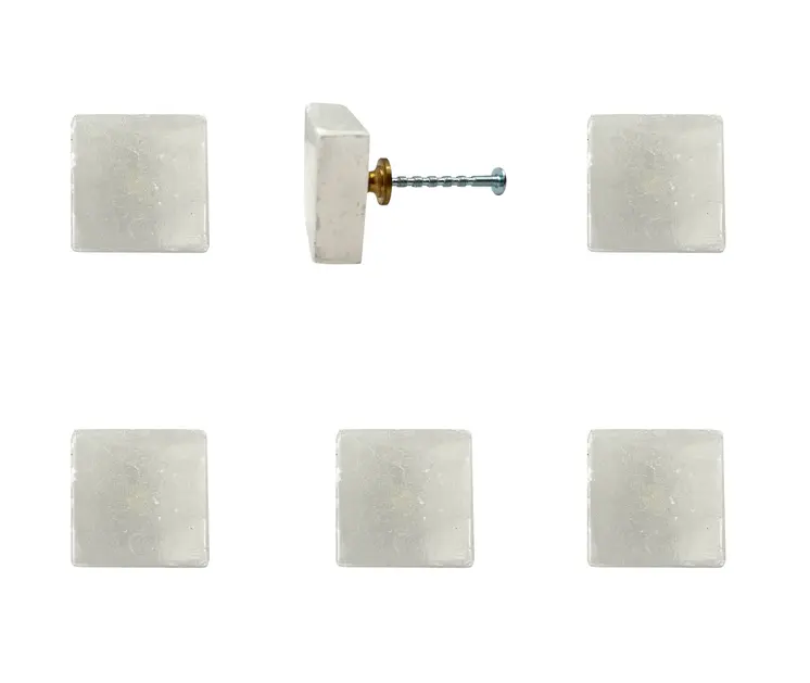 Set of Six White Stone Square Drawer Pull Knobs