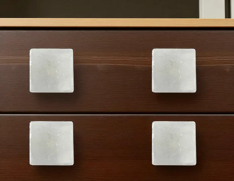 Set of Six White Stone Square Drawer Pull Knobs