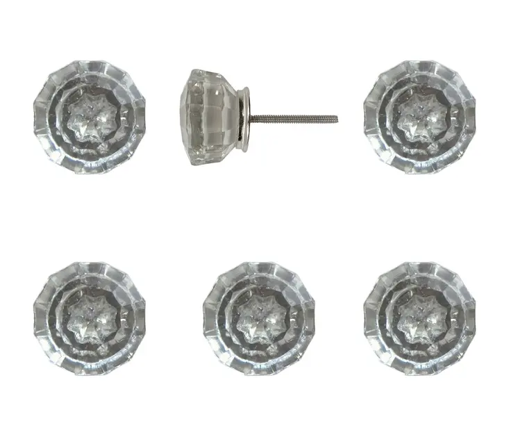Set of Six Clear Faceted Glass Drawer Pull Knobs