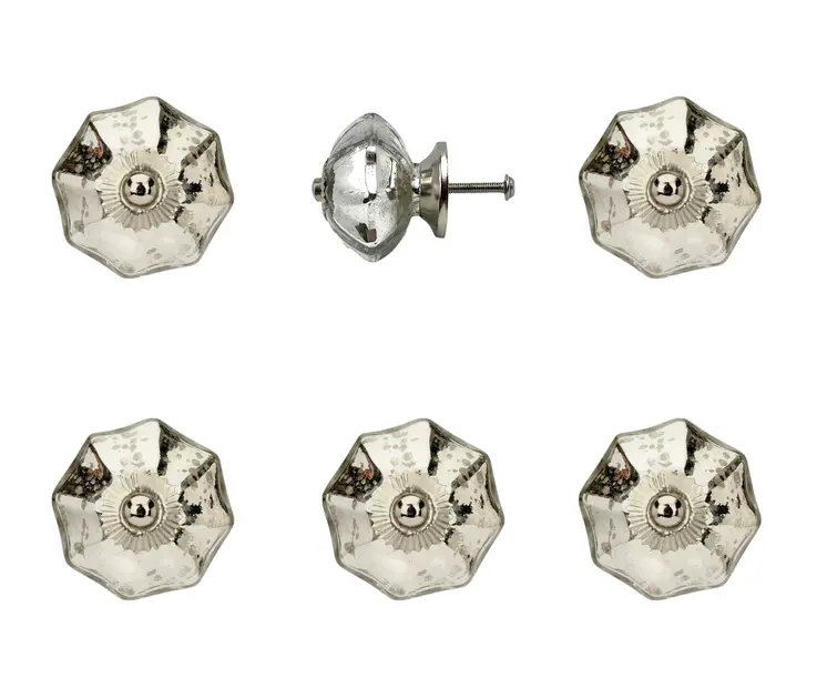 Set of Six Silver Faceted Mercury Glass Drawer Pull Knobs