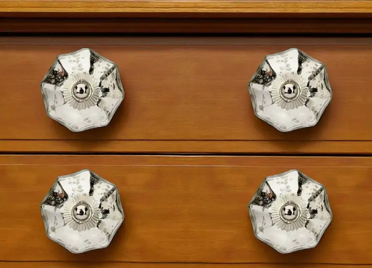 Set of Six Silver Faceted Mercury Glass Drawer Pull Knobs