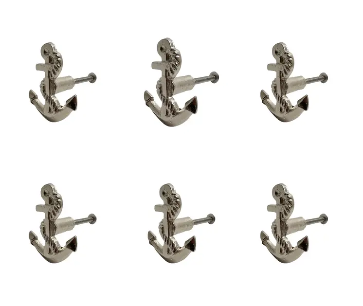 Set of Six Silver Nautical Anchor Metal Drawer Pull Knobs