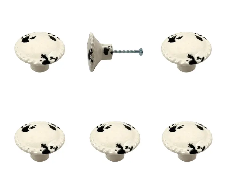 Set of Six Distressed White Ceramic Drawer Pull Knobs