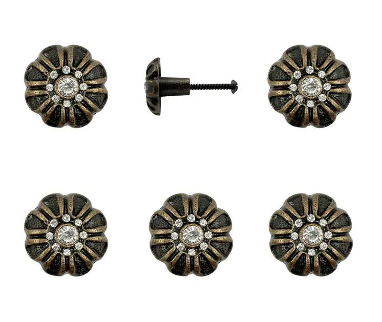 Set of Six Black And Gold Iron And Faux Crystal Scalloped Shape Drawer Pull Knobs