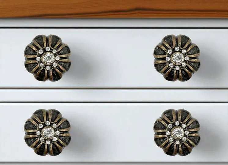 Set of Six Black And Gold Iron And Faux Crystal Scalloped Shape Drawer Pull Knobs