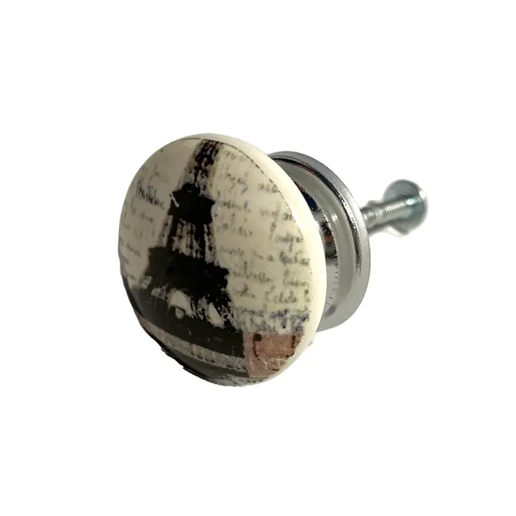 Set of Six Black And White Eiffel Tower Poetic Script Ceramic Drawer Pull Knobs