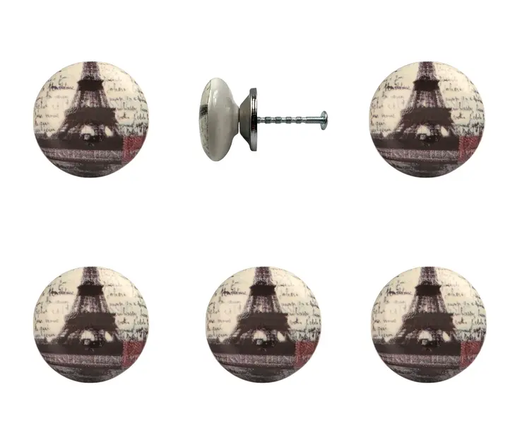 Set of Six Black And White Eiffel Tower Poetic Script Ceramic Drawer Pull Knobs