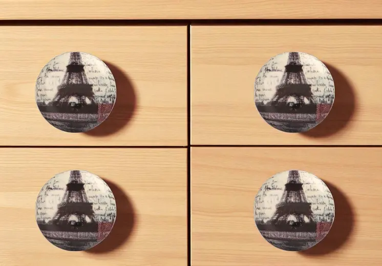 Set of Six Black And White Eiffel Tower Poetic Script Ceramic Drawer Pull Knobs