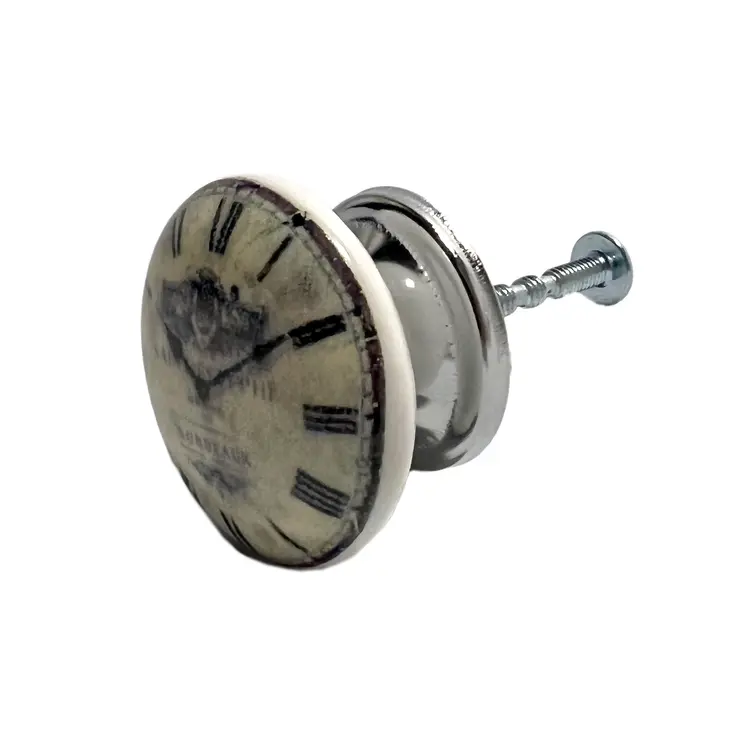 Set of Six Black And White Distressed Clock Face Ceramic Drawer Pull Knobs