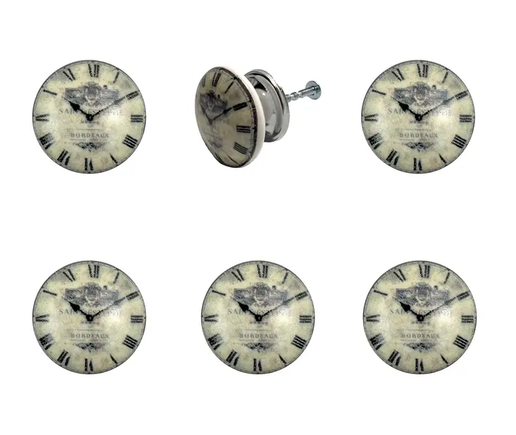 Set of Six Black And White Distressed Clock Face Ceramic Drawer Pull Knobs