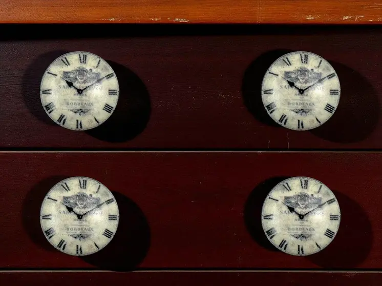Set of Six Black And White Distressed Clock Face Ceramic Drawer Pull Knobs