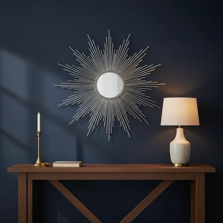 32" Silver Metal Sunburst Geometric Framed Accent Mirror