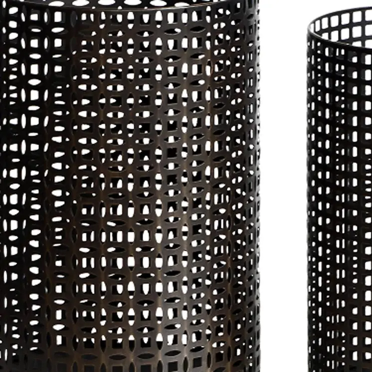 Set of Five Dark Brown Pierced Geometric Metal Tabletop Hurricane Candle Holders