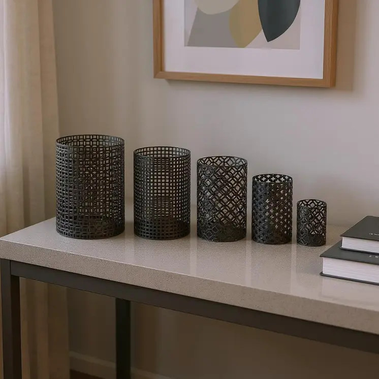 Set of Five Dark Brown Pierced Geometric Metal Tabletop Hurricane Candle Holders
