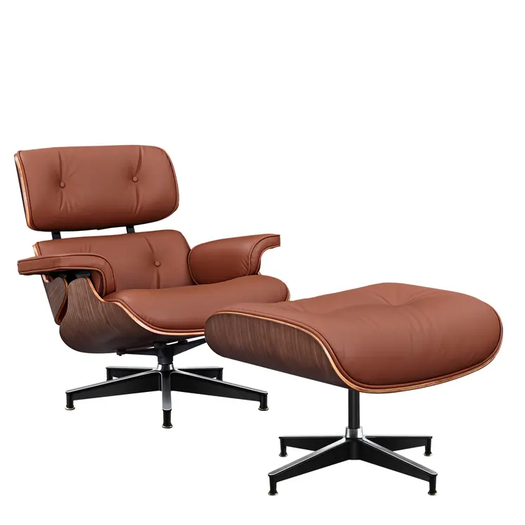27" Brown and Light Brown Tufted Genuine Leather Swivel Lounge Chair With Ottoman