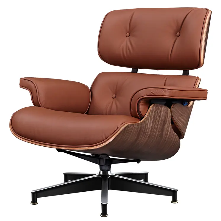 27" Brown and Light Brown Tufted Genuine Leather Swivel Lounge Chair With Ottoman
