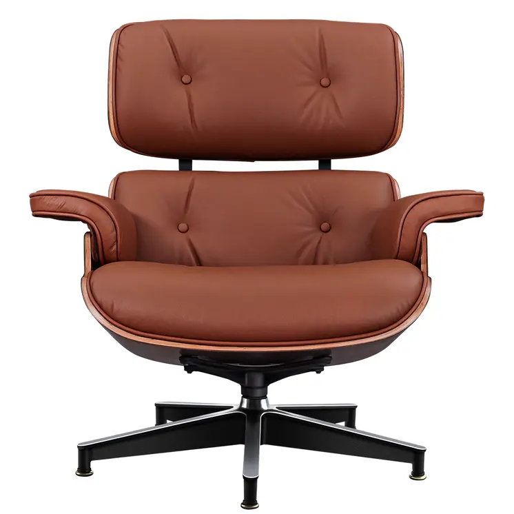 27" Brown and Light Brown Tufted Genuine Leather Swivel Lounge Chair With Ottoman