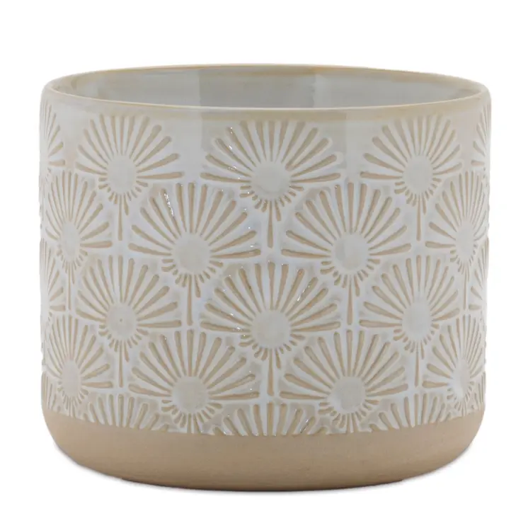 Set of Two Beige And White Porcelain 1 Ounce Geometric Round Pot Planters