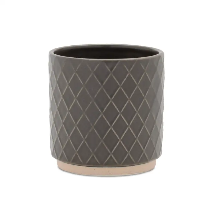 Set of Two Beige And Gray Ceramic 1 Ounce Lattice Round Pot Planters