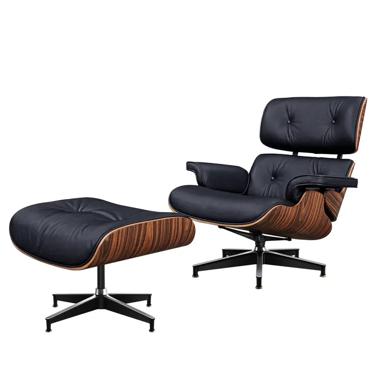 28" Black and Rosewood Tufted Genuine Leather Lounge Chair With Ottoman