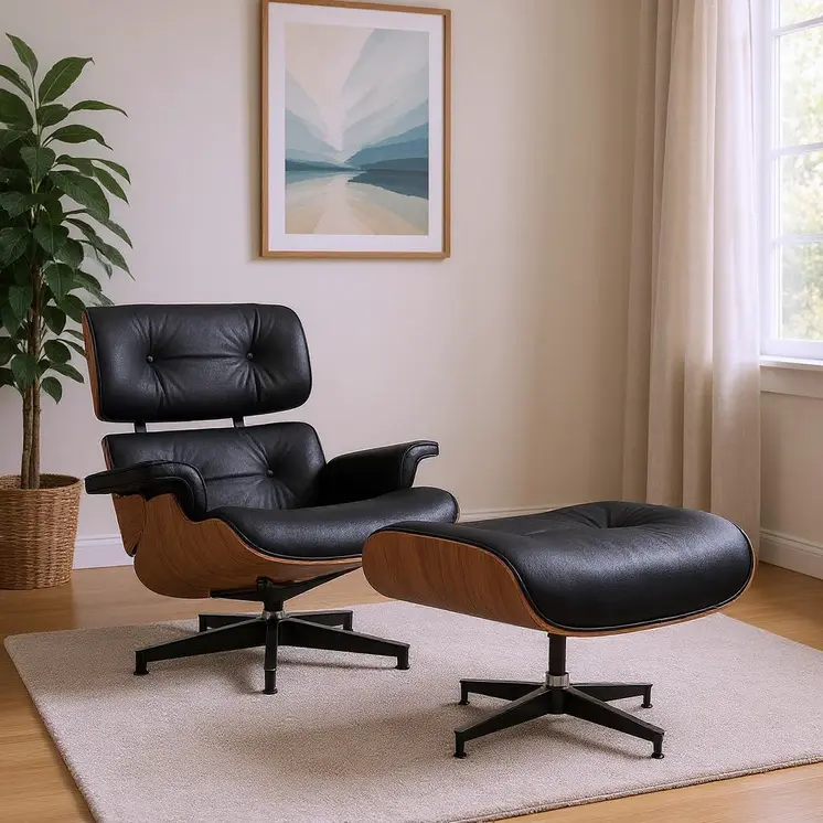 28" Black and Light Brown Tufted Genuine Leather Lounge Chair With Ottoman