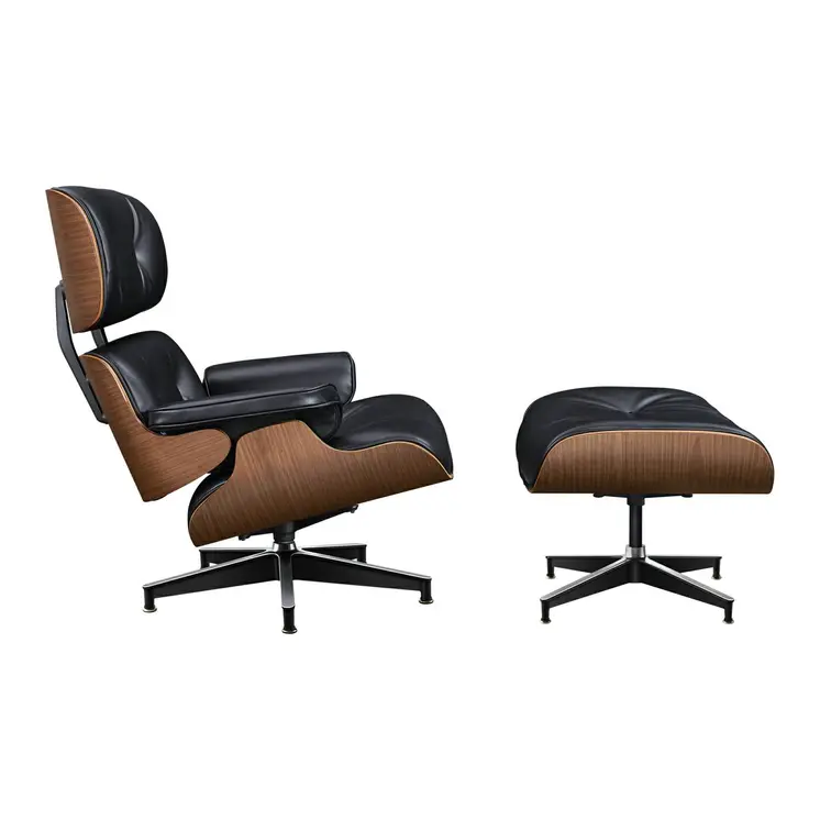 28" Black and Light Brown Tufted Genuine Leather Lounge Chair With Ottoman