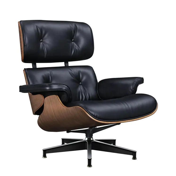 28" Black and Light Brown Tufted Genuine Leather Lounge Chair With Ottoman