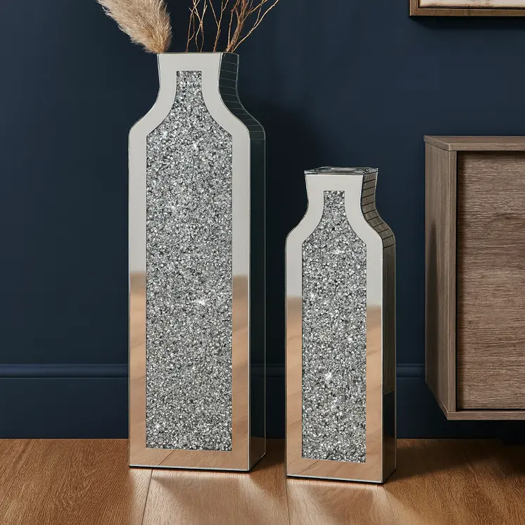 Set of Two Silver Mirrored Glass Floor Vases With Faux Crystals