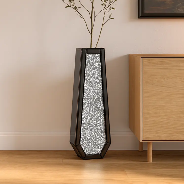 30" Black Mirrored Glass Floor Vase With Faux Crystals