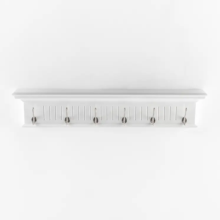 39" White Solid Wood Six Hook Wall Mount Coat Rack