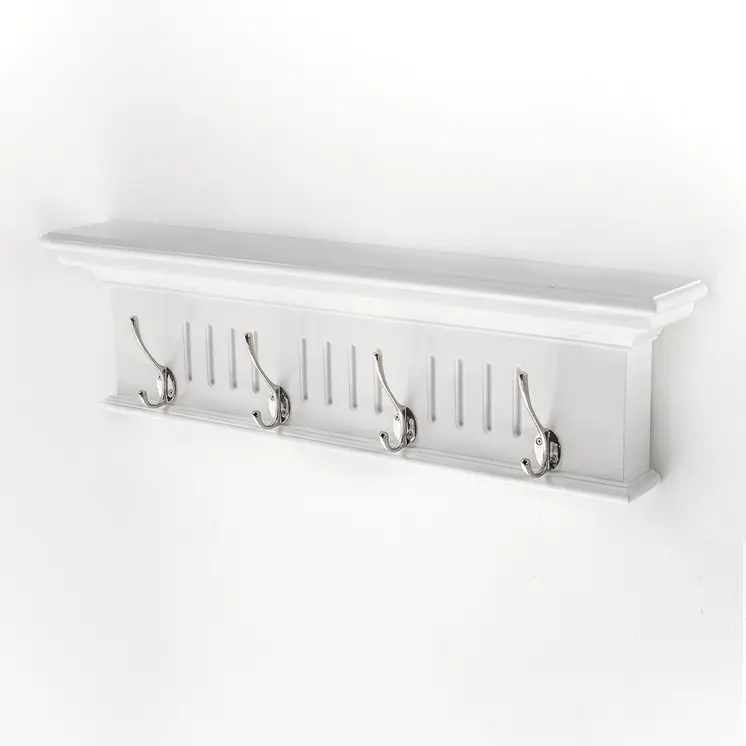 28" White Solid Wood Four Hook Wall Mount Coat Rack