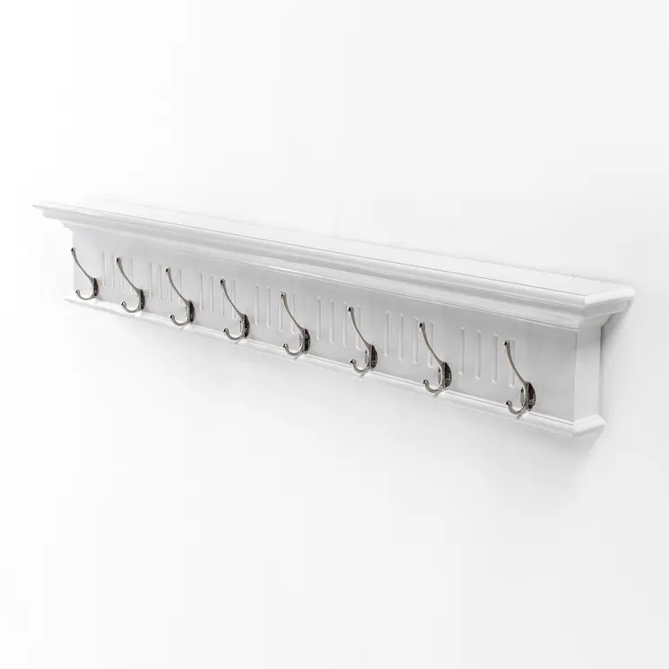 51" White Solid Wood Eight Hook Wall Mount Coat Rack