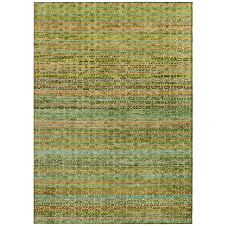 9' X 12' Green Copper And Teal Blue Striped Washable Indoor Outdoor Area Rug